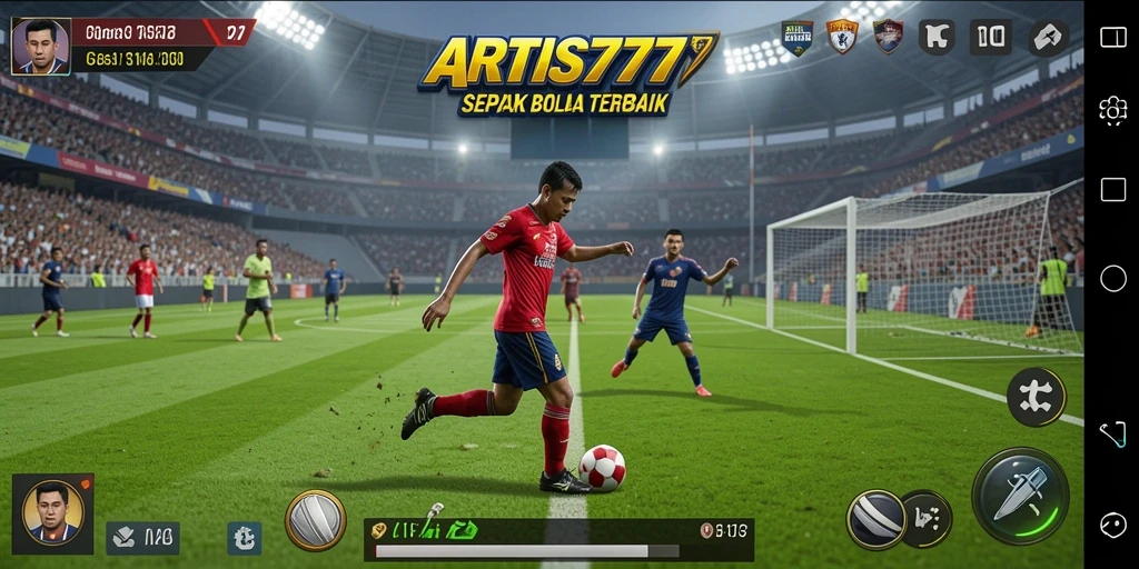 Tampilan gameplay seru di lapangan hijau dengan aksi sepak bola.