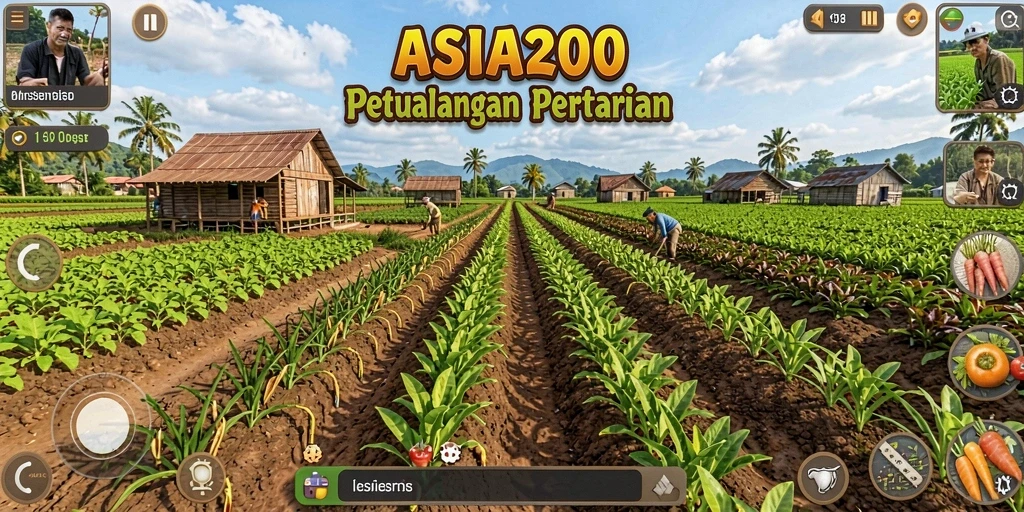Tampilan gameplay ASIA200 yang menampilkan ladang yang subur dan hewan ternak.