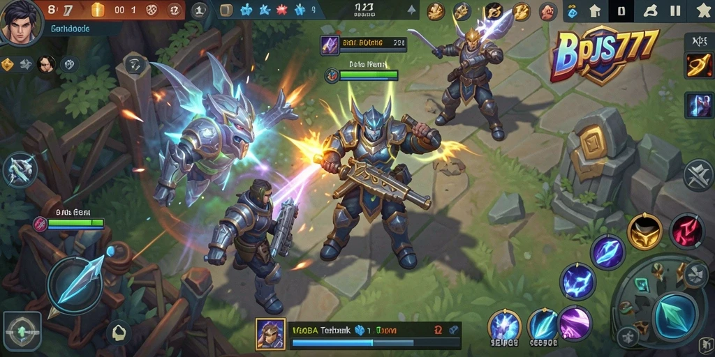 Screenshot menunjukkan karakter dalam pertempuran seru di arena MOBA.