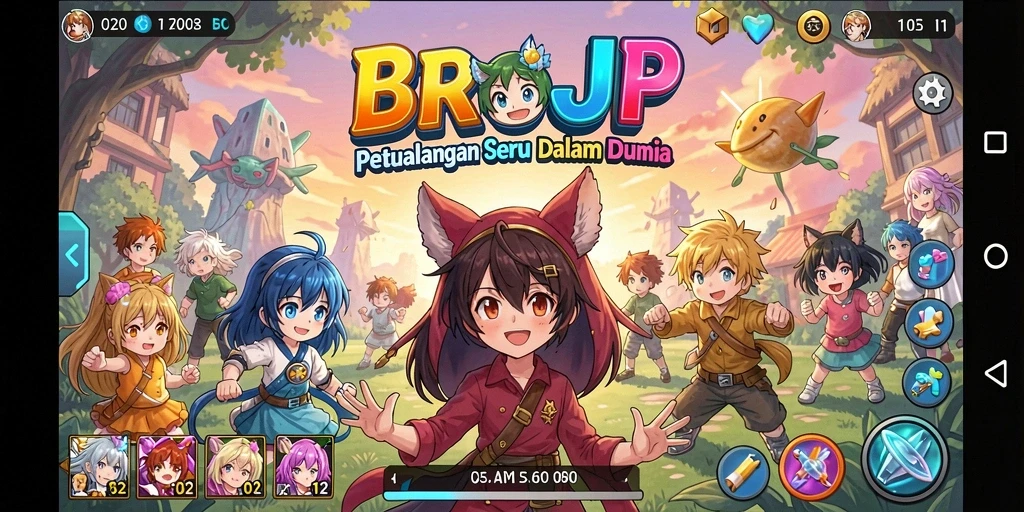 Gameplay <strong>BROJP</strong> dengan karakter anime yang dinamis dan latar belakang yang indah.