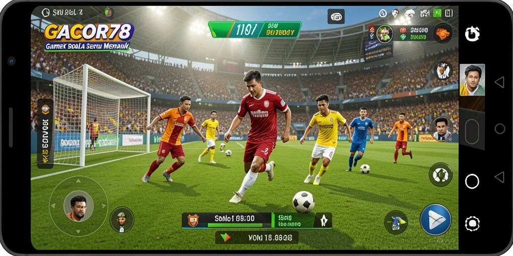Screenshot gameplay GACOR78 menampilkan aksi seru di lapangan sepak bola.