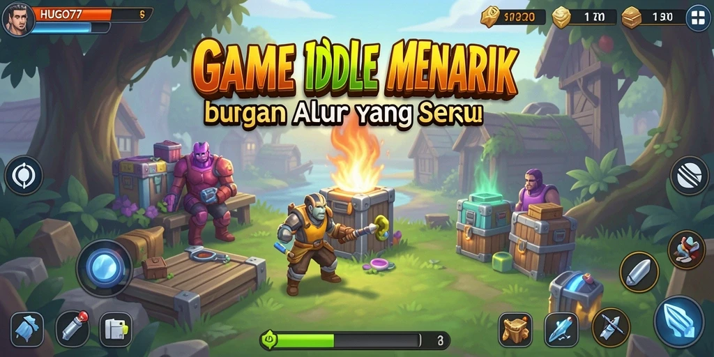 Tampilan gameplay <strong>HUGO77</strong> menampilkan karakter yang sedang mengumpulkan sumber daya secara otomatis.