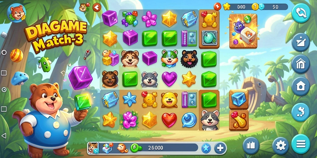 Menampilkan gameplay seru dengan tantangan Match-3.