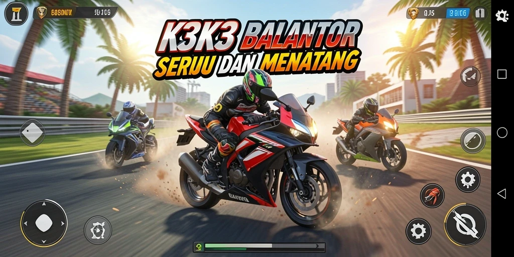 Screenshot K3K3 menampilkan aksi balapan motor yang mendebarkan.