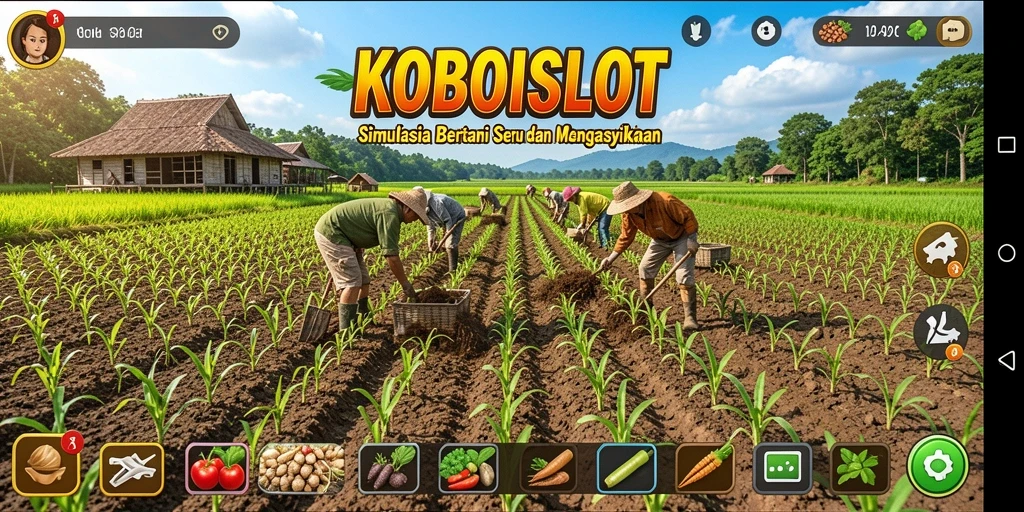 Tampilan gameplay KOBOISLOT dengan aktivitas bertani yang seru.