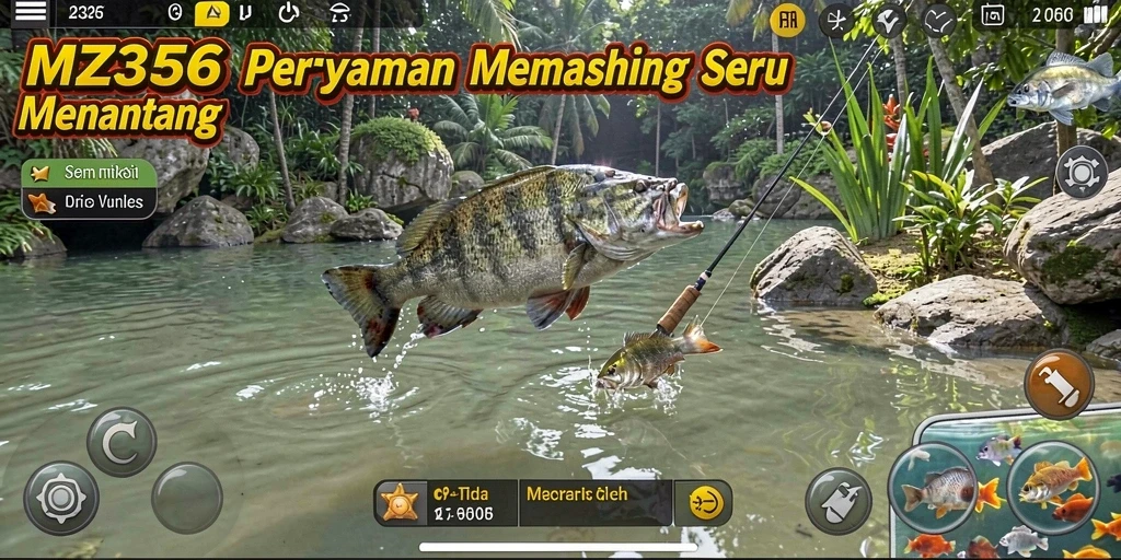 Screenshot gameplay MZ356 yang menunjukkan momen menangkap ikan di danau.