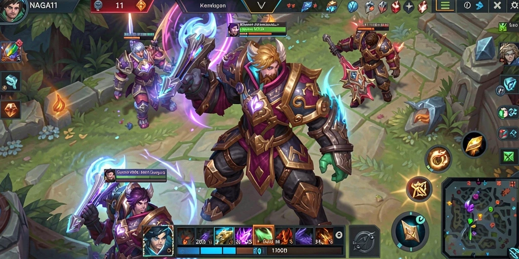Screenshot utama NAGA11 menampilkan aksi pertempuran mendebarkan di arena MOBA.