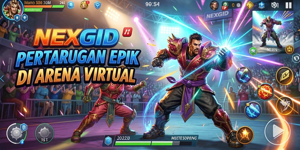 Screenshot gameplay <strong>NEXGID</strong> menunjukkan pertarungan sengit di arena.