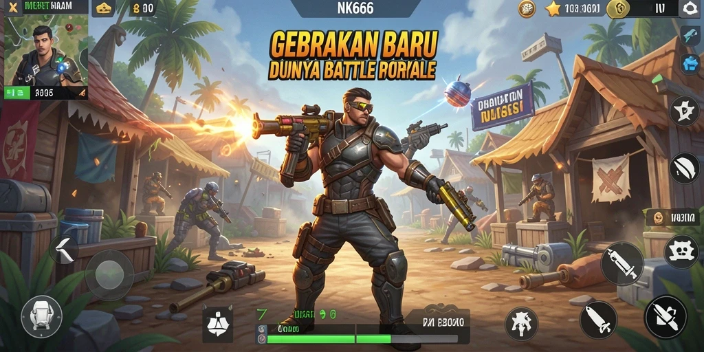 Screenshot gameplay NK666 menunjukkan pertempuran intens di arena Battle Royale.