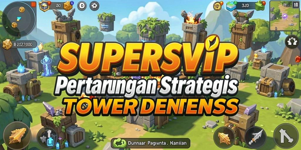 Screenshot gameplay SUPERSVIP yang menunjukkan aksi menara pertahanan yang mendebarkan.