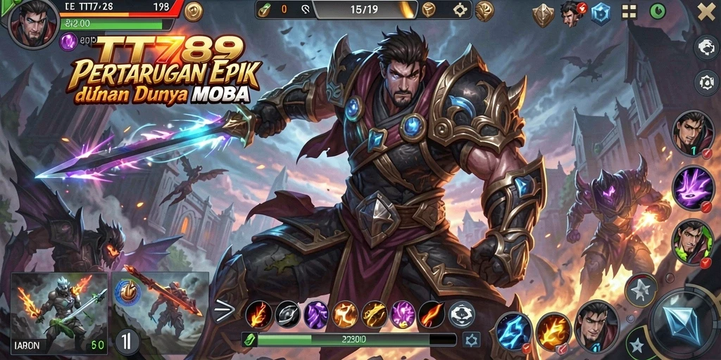 Screenshot utama TT789 menunjukkan aksi pertempuran seru dalam game MOBA.