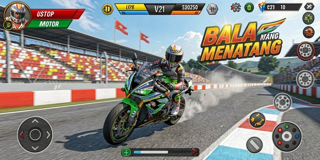 Gameplay V21 yang menegangkan dengan balapan motor di lintasan yang menantang.
