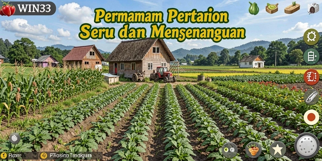 Tampilan gameplay WIN33 dengan kebun yang indah dan karakter lucu.